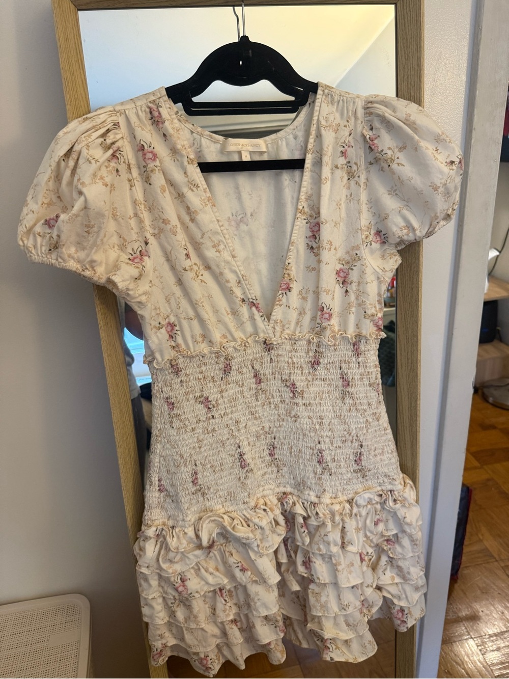LoveShackFancy Cream Floral Smocked Mini Dress with Pink Accents